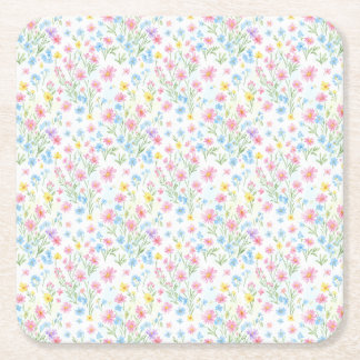 Pastel Wildflower Meadow Pattern Square Paper Coaster