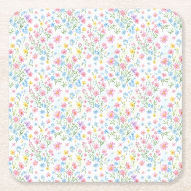 Pastel Wildflower Meadow Pattern Square Paper Coaster (Front)