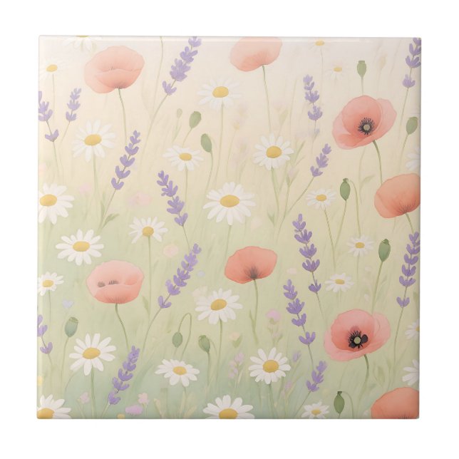 Pastel Wildflower Meadow Soft Bloom Ceramic Tile (Front)