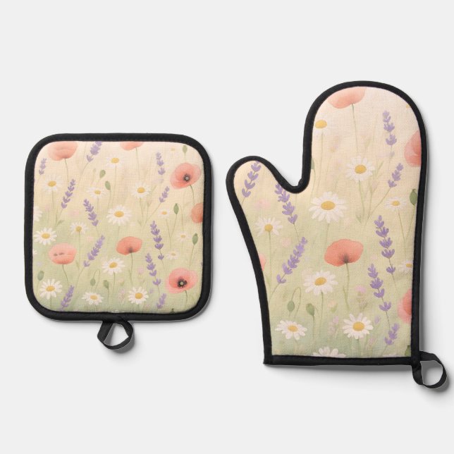 Pastel Wildflower Meadow Soft Bloom Oven Mitt & Pot Holder Set (Front)