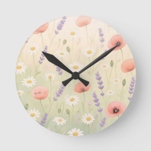 Pastel Wildflower Meadow Soft Bloom Round Clock