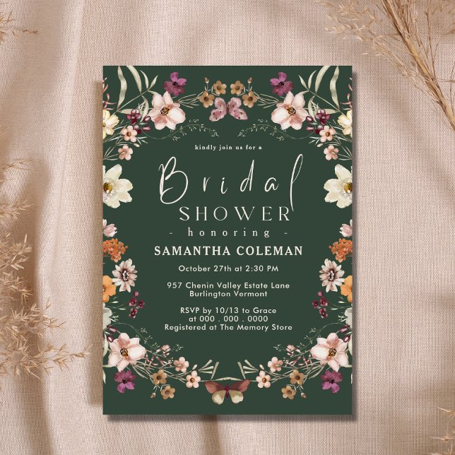 Pastel Wildflower Modern Dark Green Bridal Shower Invitation (Creator Uploaded)