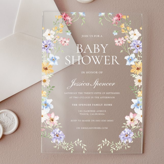 Pastel Wildflower Wreath Modern Baby Shower Acrylic Invitations (Creator Uploaded)