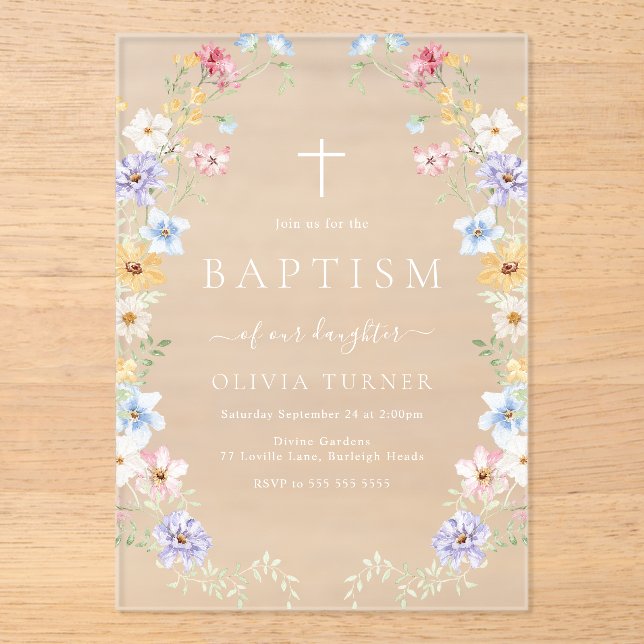 Pastel Wildflower Wreath Modern Baptism Acrylic Invitations (Front)