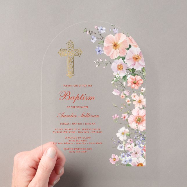 Pastel Wildflowers Arch Baptism Acrylic Invitations (Insitu (Handheld))