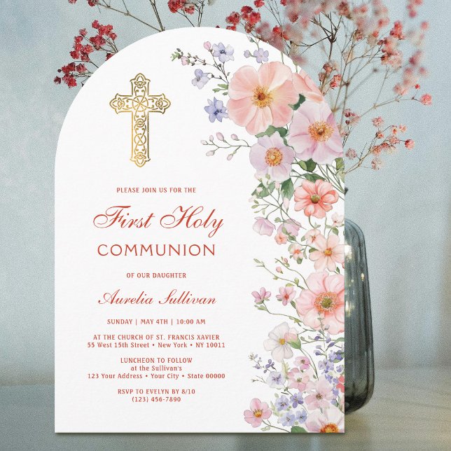 Pastel Wildflowers Arch First Communion Invitation (Creator Uploaded)