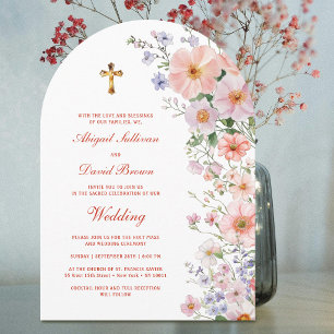 Pastel Wildflowers Arch Religious Wedding Invitation