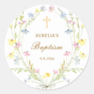 Pastel Wildflowers Baptism Classic Round Sticker