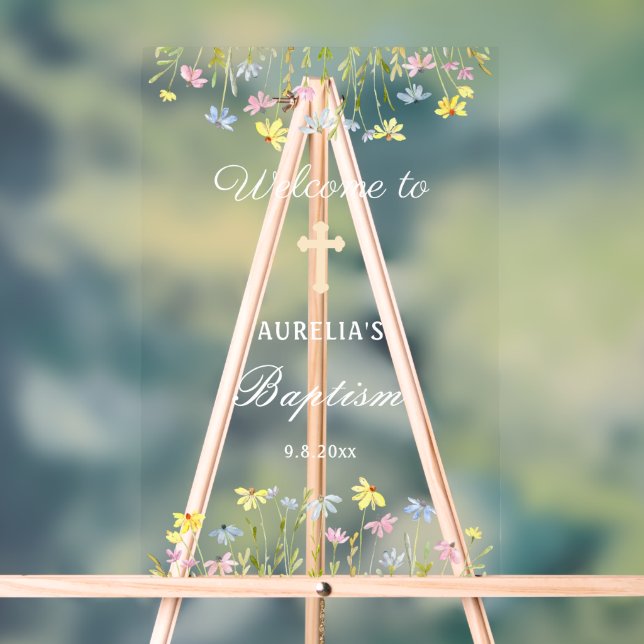 Pastel Wildflowers Baptism Welcome Acrylic Sign (Neutral)