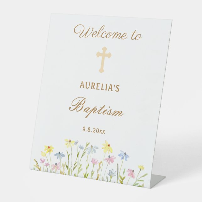 Pastel Wildflowers Baptism Welcome Pedestal Sign (Front)