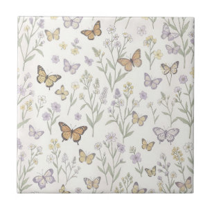 Pastel Wildflowers Butterflies Meadow Botanical Ceramic Tile
