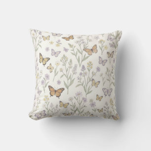 Pastel Wildflowers Butterflies Meadow Botanical Cushion