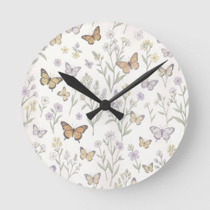 Pastel Wildflowers Butterflies Meadow Botanical  Round Clock