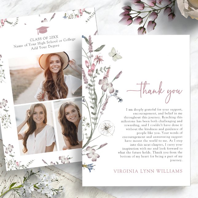 Pastel Wildflowers Photo Thank You Card (Pastel Wildflowers Photo Thank You Card with Butterfly by Painted Paperie
)