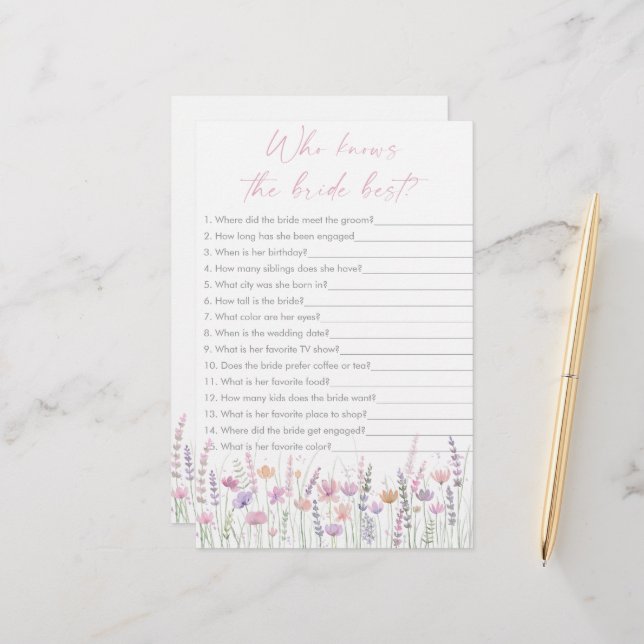 Pastel Wildflowers Who Knows the Bride Best Game (Front/Back In Situ)