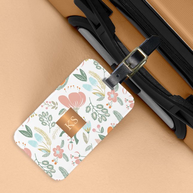 Pastel wildflowers with metallic copper monogram luggage tag (Creator Uploaded)