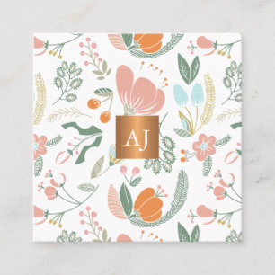 Pastel wildflowers with metallic copper monogram square business card