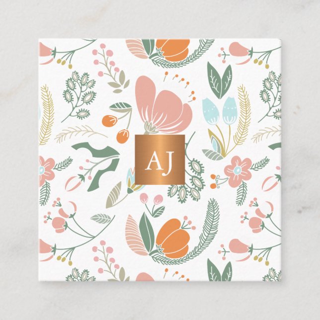 Pastel wildflowers with metallic copper monogram square business card (Front)