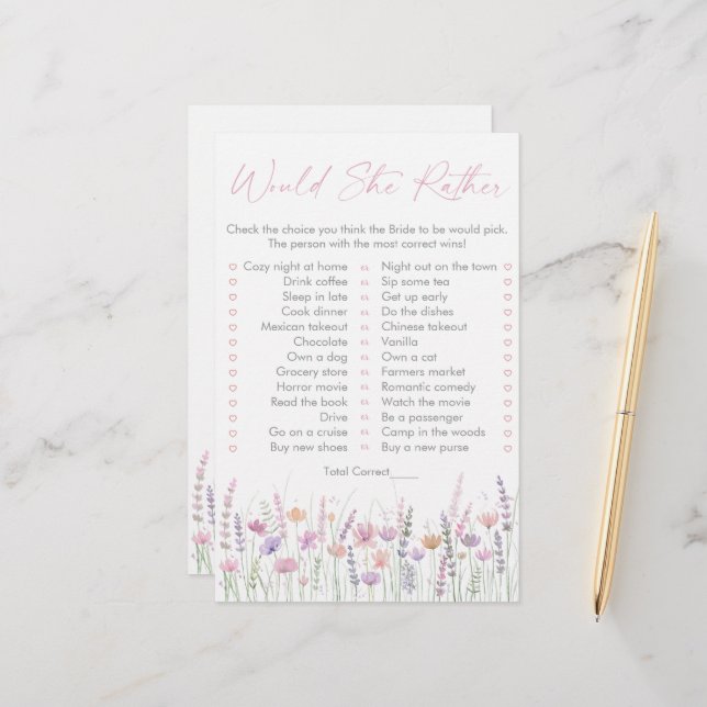 Pastel Wildflowers Would She Rather Bridal Game (Front/Back In Situ)