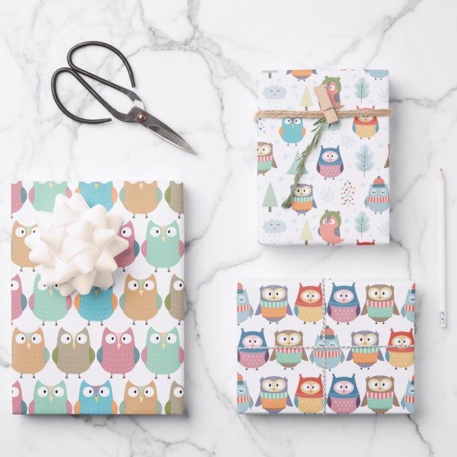 Pastel Winter Owls Wrapping Paper Sheets (Front)