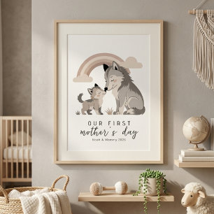 Pastel Wolf Mum Pup First Mother’s Day Nursery  Poster