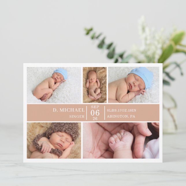 Pastel Wood Photo Collage Baby Announcement Card (Standing Front)