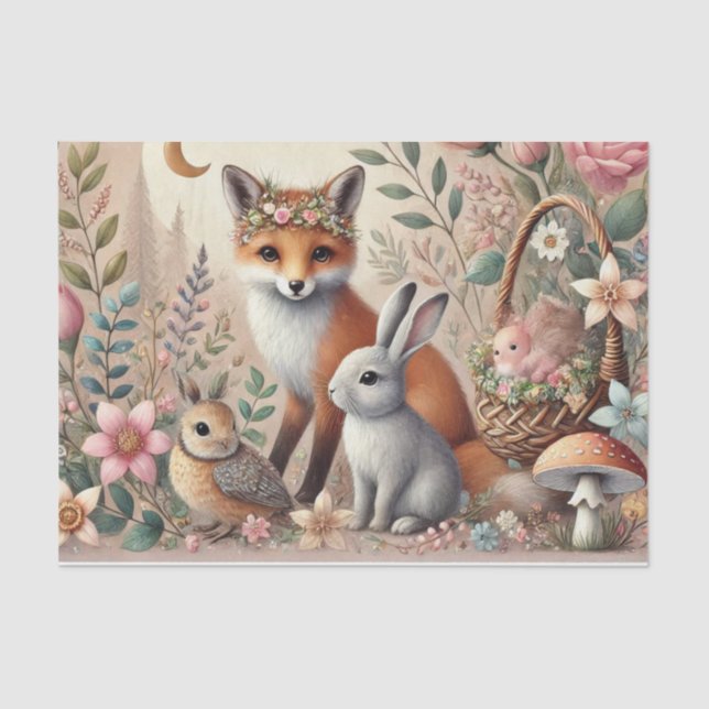 Pastel Woodland Wildlife Floral Tissue Paper (Front)