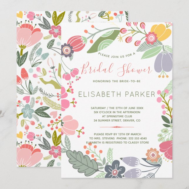 Pastel wreath of meadow blooms bridal shower invitation (Front/Back)