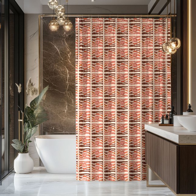 Pastel Xmas Groovy Retro Smiling Emoticons 70th Shower Curtain (Pastel Xmas Curtain Groovy Retro Bathroom Accent)