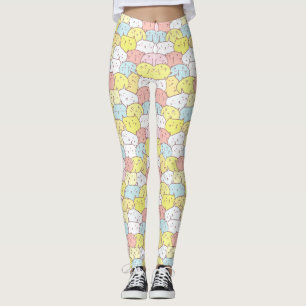PASTEL YELLOW BLUE PINK CUTE ILLUSTRATED CATS LEGGINGS