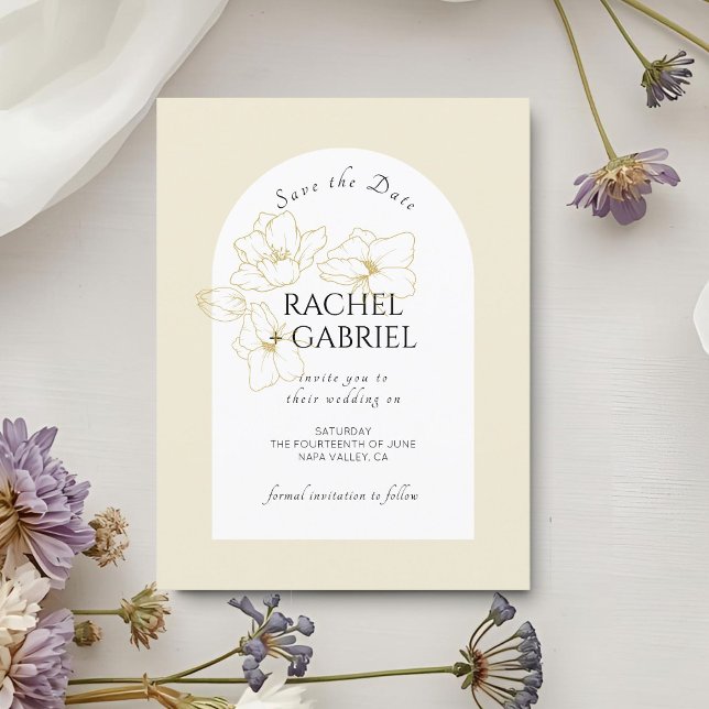 Pastel Yellow | Boho Arch Gold Floral Wedding  Save The Date (Creator Uploaded)