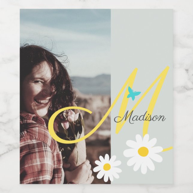 Pastel Yellow Butterfly Daisy Cute Custom Name Wine Label (Single Label)