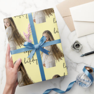 Pastel Yellow & Custom Birthday text and photo - Wrapping Paper