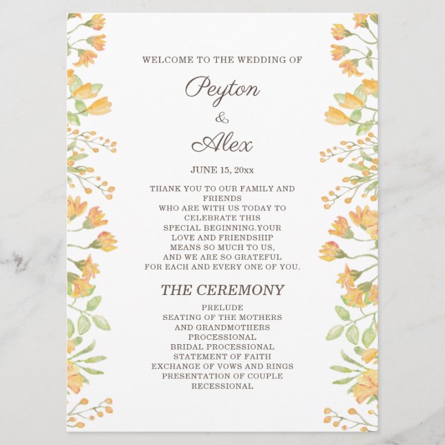 Pastel Yellow Floral 2-Sided Wedding Program  (Front)