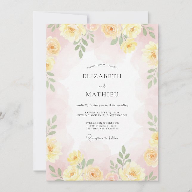 Pastel Yellow Floral Romance Wedding Invitation (Front)