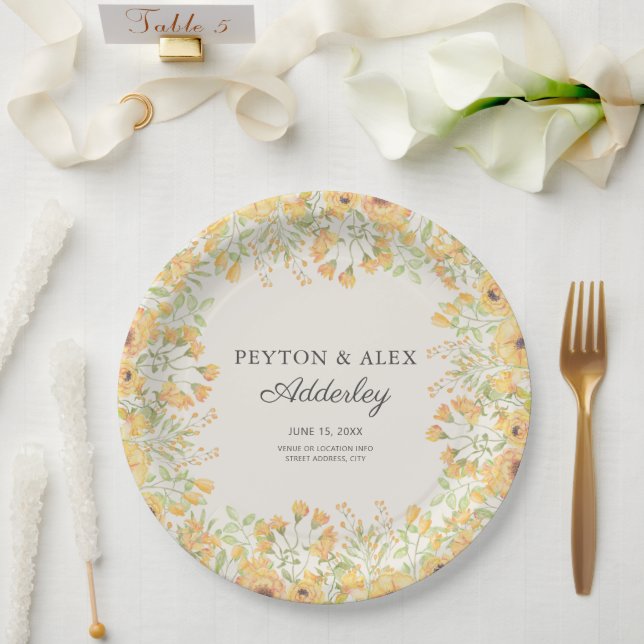 Pastel Yellow Floral Wedding Reception Rehearsal  Paper Plate (Wedding)
