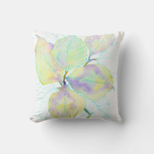 Pastel Yellow Green Watercolor Botanical Leaves Cushion