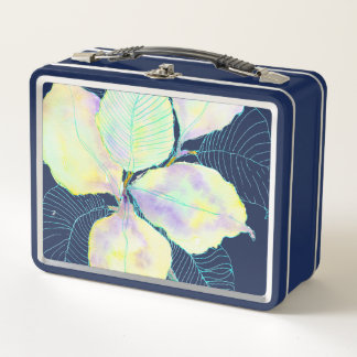 Pastel Yellow Green Watercolor Botanical Leaves Metal Lunch Box