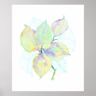 Pastel Yellow Green Watercolor Botanical Leaves Poster