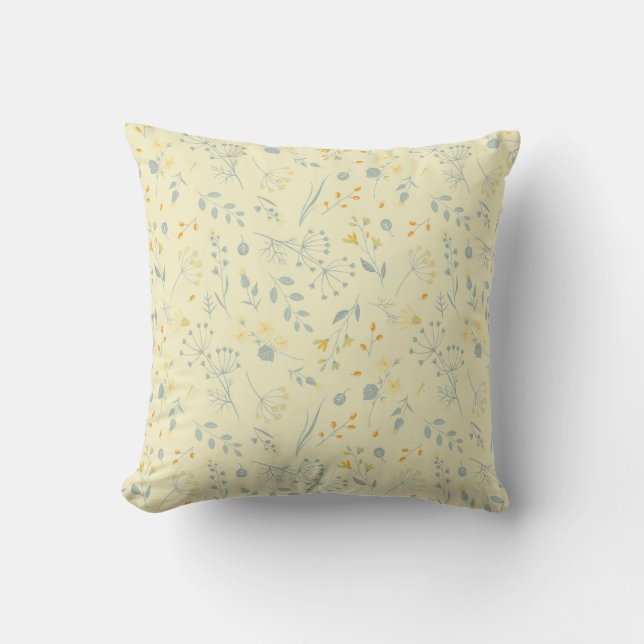 Pastel Yellow Grey Wildflowers Berries Cushion (Front)