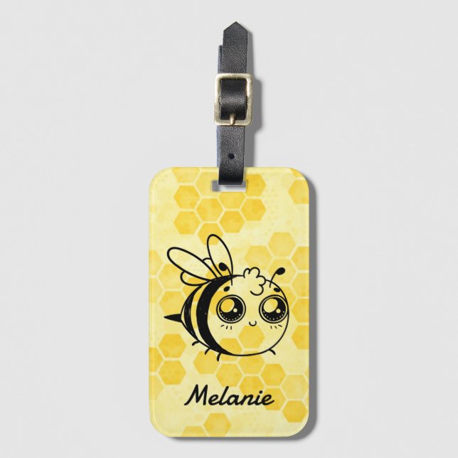 Pastel Yellow Honeycomb Cute Bee Personalised Luggage Tag (Front Vertical)