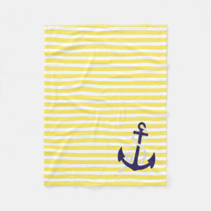 Pastel Yellow Nautical Stripes & Navy Blue Anchor Fleece Blanket