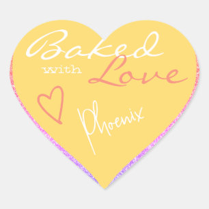 Pastel Yellow Pink Glitter Baked with Love Heart Sticker
