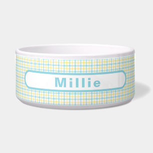 Pastel Yellow Plaid Custom Name Pet Food Water