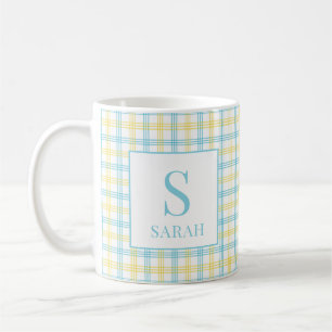 Pastel Yellow Plaid Spring Custom Name Initial Coffee Mug