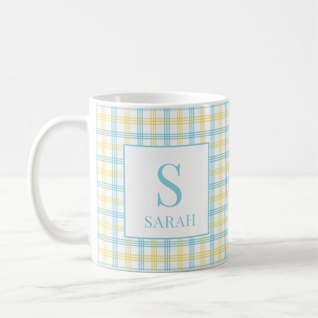 Pastel Yellow Plaid Spring Custom Name Initial Coffee Mug (Left)