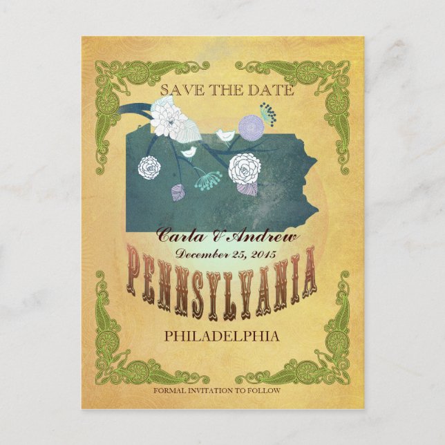 Pastel Yellow  Save The Date-Map With Lovely Birds Announcement Postcard (Front)