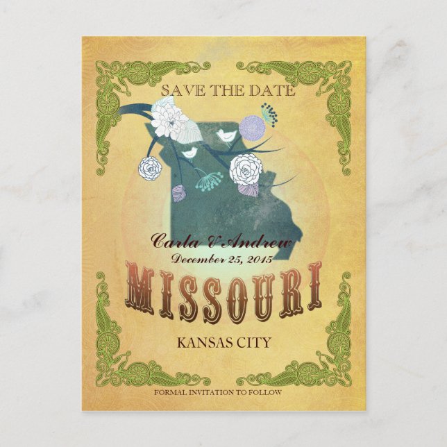 Pastel Yellow Save The Date -Map With Lovely Birds Announcement Postcard (Front)