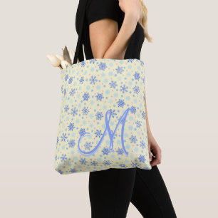 Pastel Yellow Snowflakes Modern Elegant Monogram Tote Bag