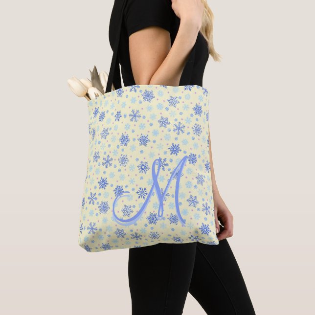 Pastel Yellow Snowflakes Modern Elegant Monogram Tote Bag (Close Up)